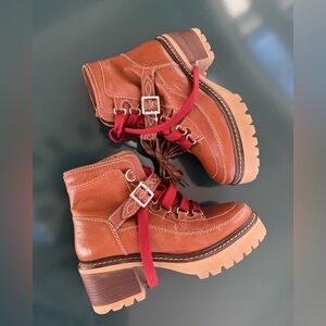 Free People Jasper Hiker Ankle Boots - Brown Lace-Up Boots with Red Laces